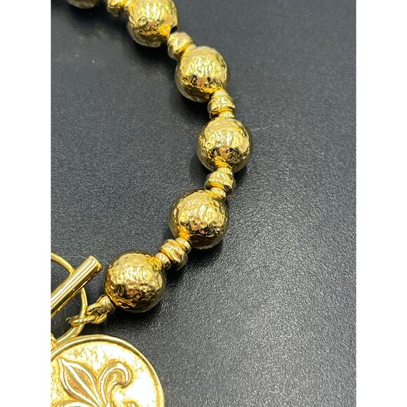 Bellezza Bronze Italy Fleur-de-lis Textured Beaded Toggle Charm Bracelet - Picture 2 of 9